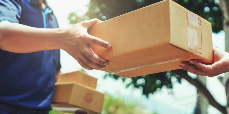 Delivery man delivering holding parcel box to customer